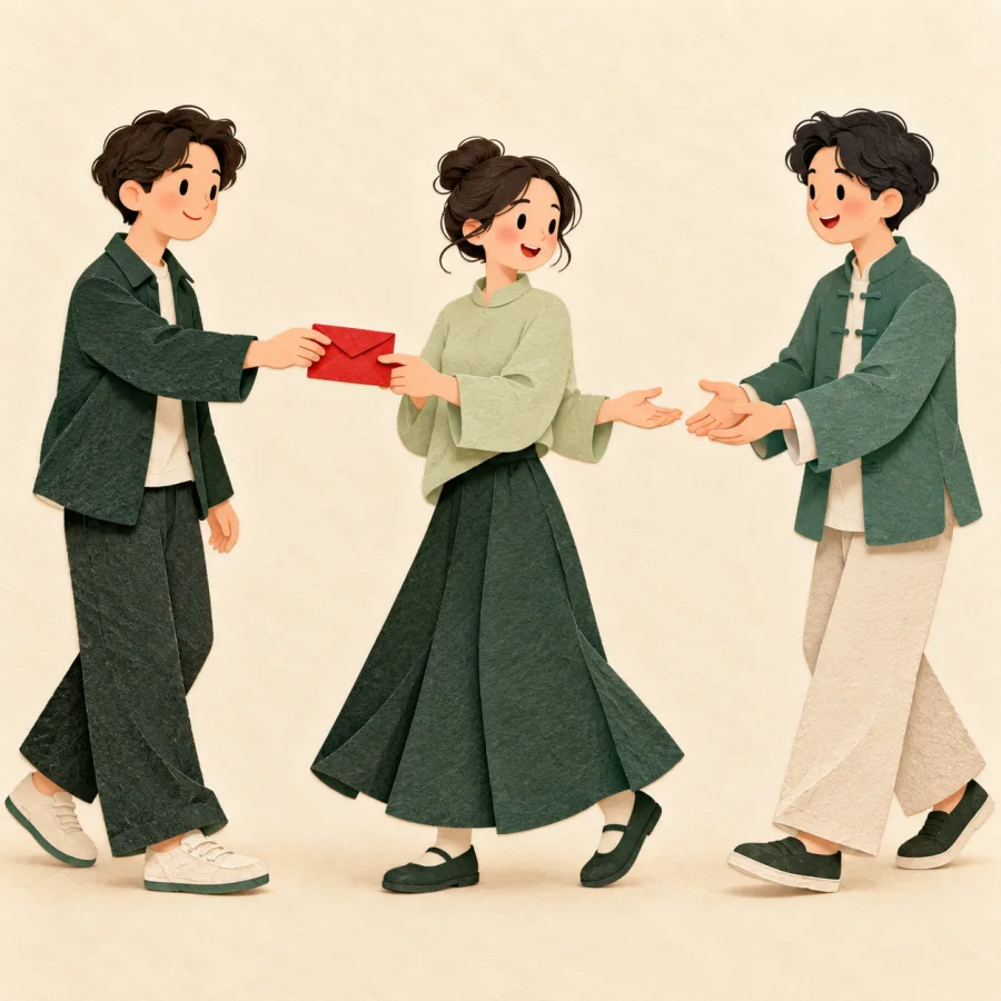 Three people pass a red envelope from hand to hand