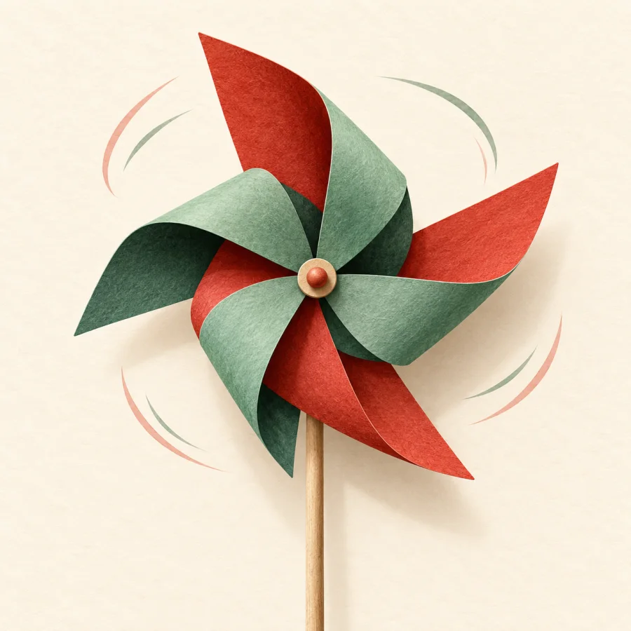 A red and green pinwheel spinning on a stick in the wind