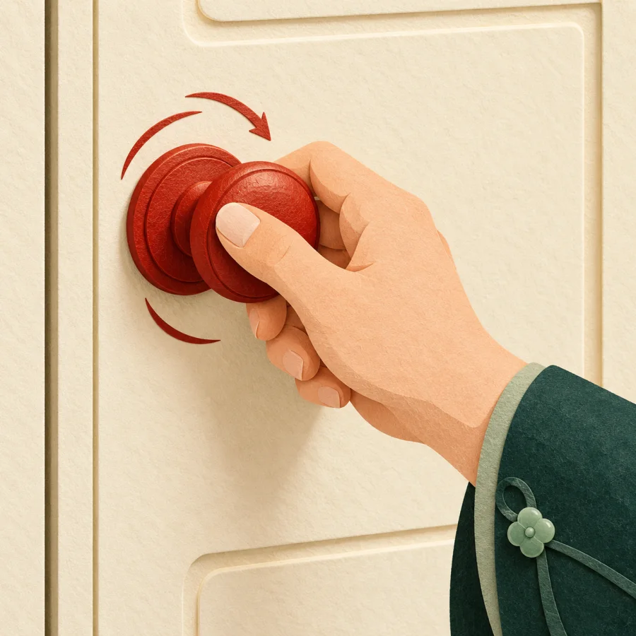 A hand turns a round red knob on a cabinet