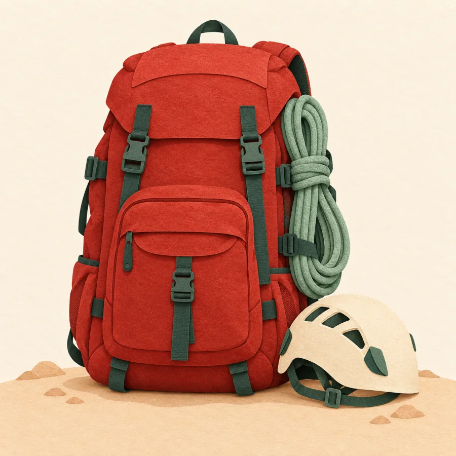 A red backpack with a rope next to a helmet