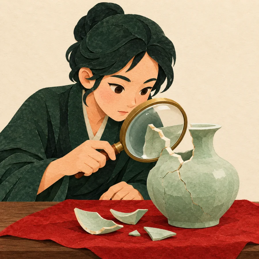 A person with a magnifying glass studies a broken green vase