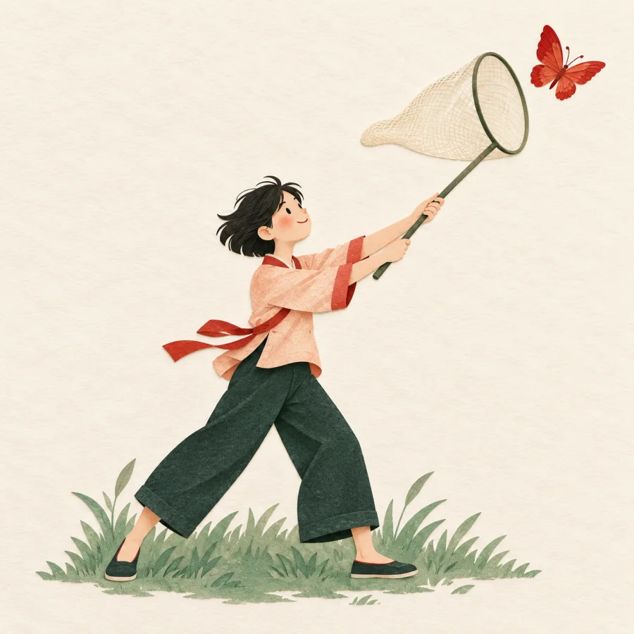 A person swings a net over a meadow toward a red butterfly