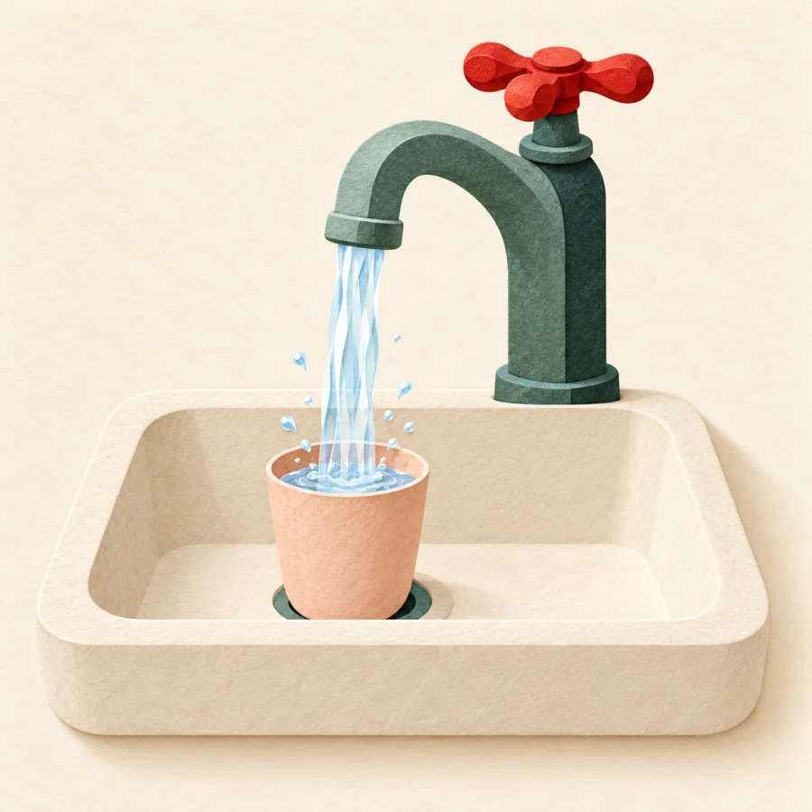 Water pours from a tap into a sink with a cup below