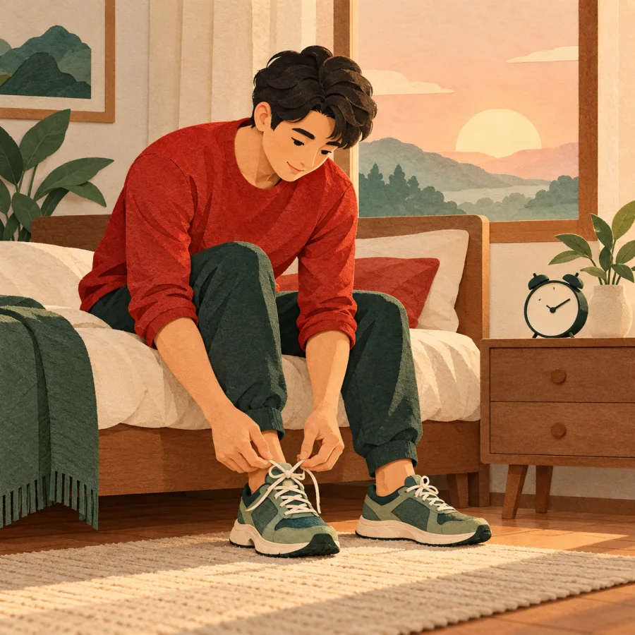 A person in a red shirt ties running shoes by a bed
