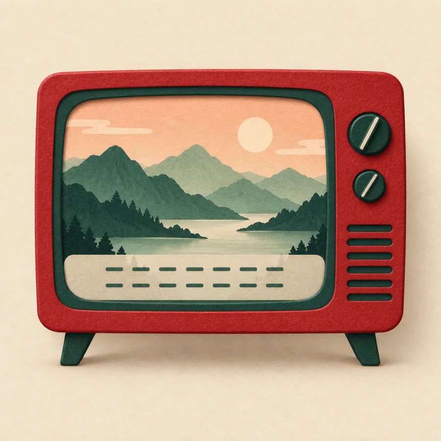 A television showing mountains with a band of lines below