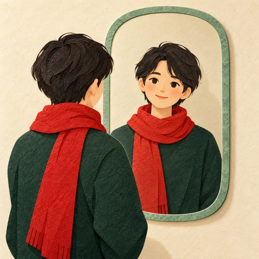 A person at a mirror whose reflection wears a red scarf