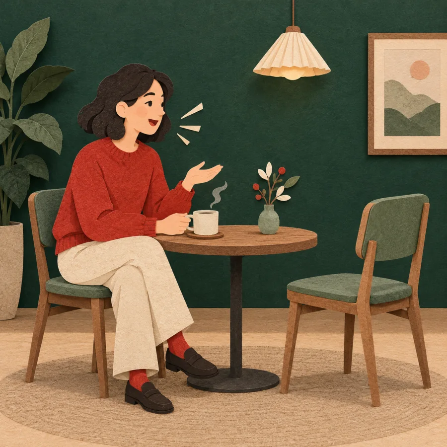 A person sits alone at a table, talking to themselves