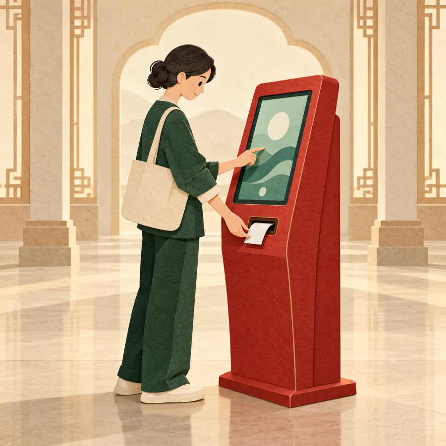 A person touches the screen of a red kiosk and takes a ticket