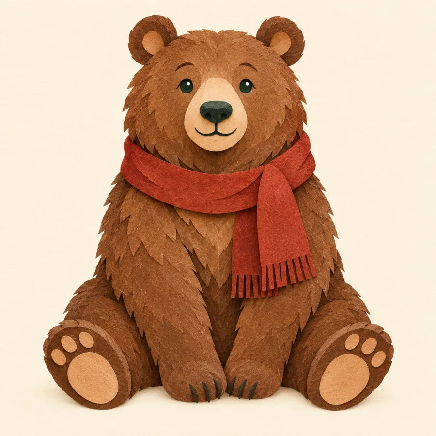 A brown bear sits with a red scarf on a cream background