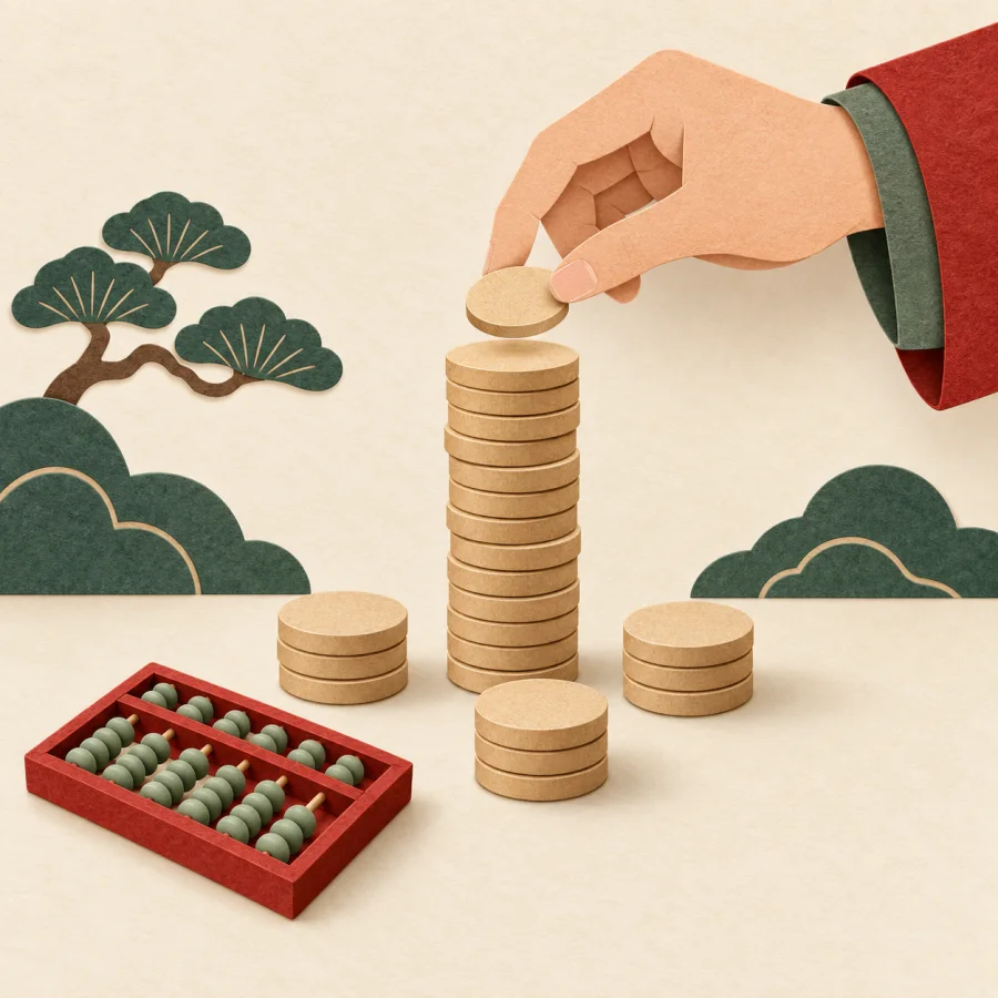 A hand gathers three stacks of coins into one tall stack