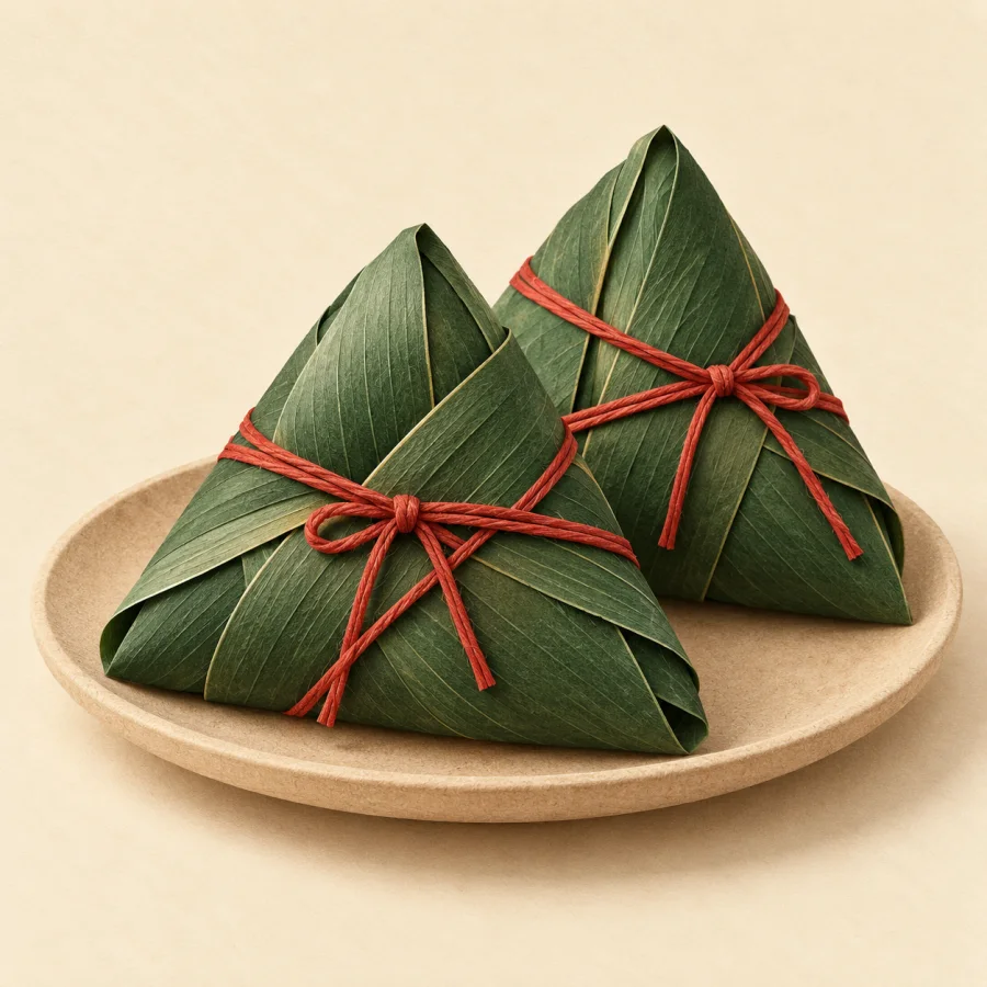 Two triangular leaf-wrapped bundles on a sand-colored plate