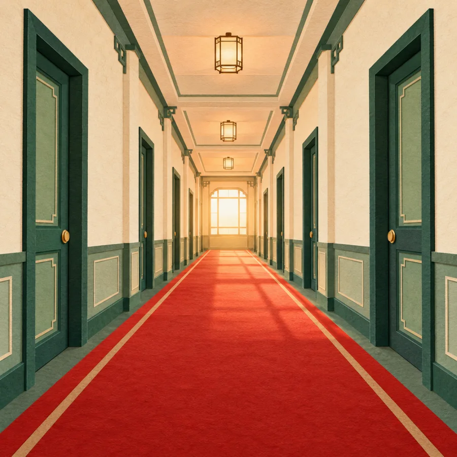 A long empty corridor with doors leads to a bright window