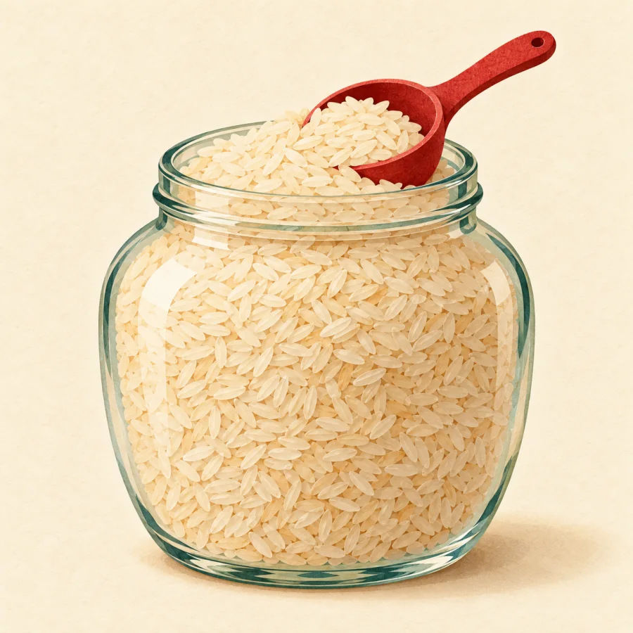 A glass jar filled to the brim with rice and a red scoop