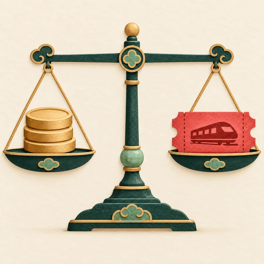A balance scale: a stack of coins matches a red ticket