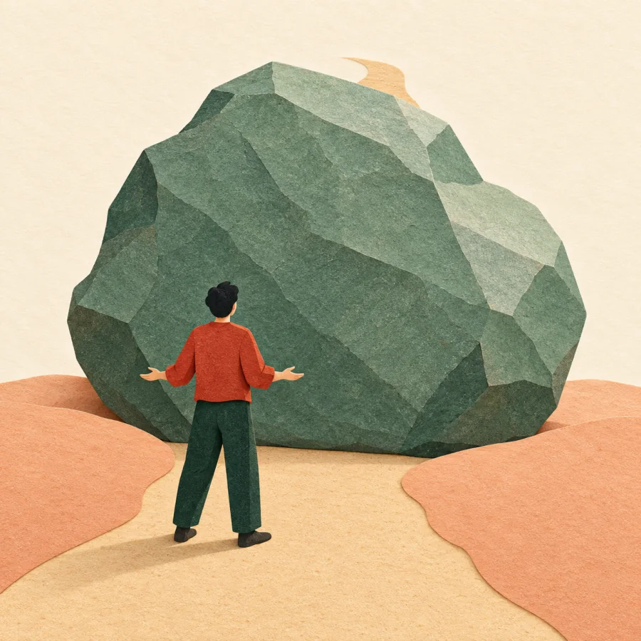 A big boulder blocks a path with a person standing before it