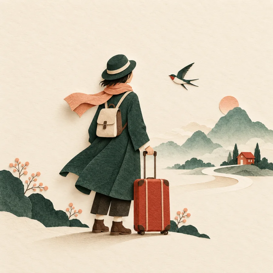 A traveler with a suitcase gazes at a distant house and mountains