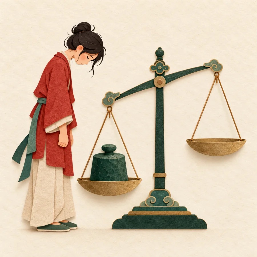 A person with bowed head beside a tilted scale
