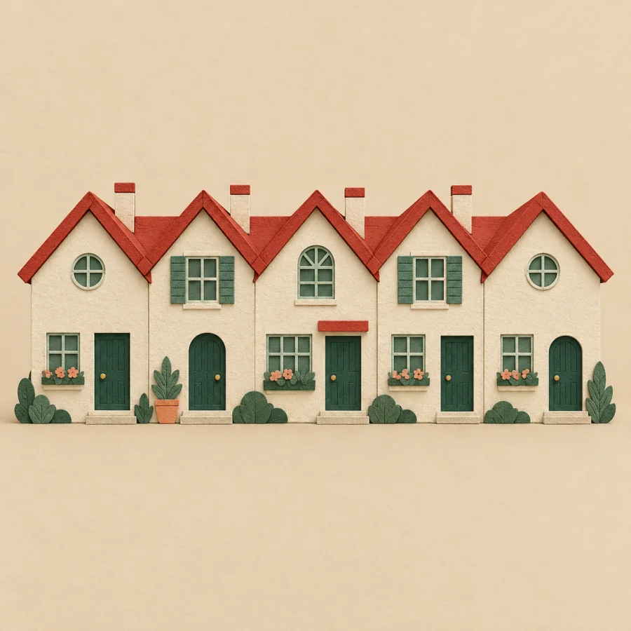 Small houses stand pressed tightly together in a row
