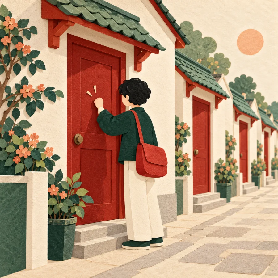 A person with a red bag knocks on a door in a row of houses