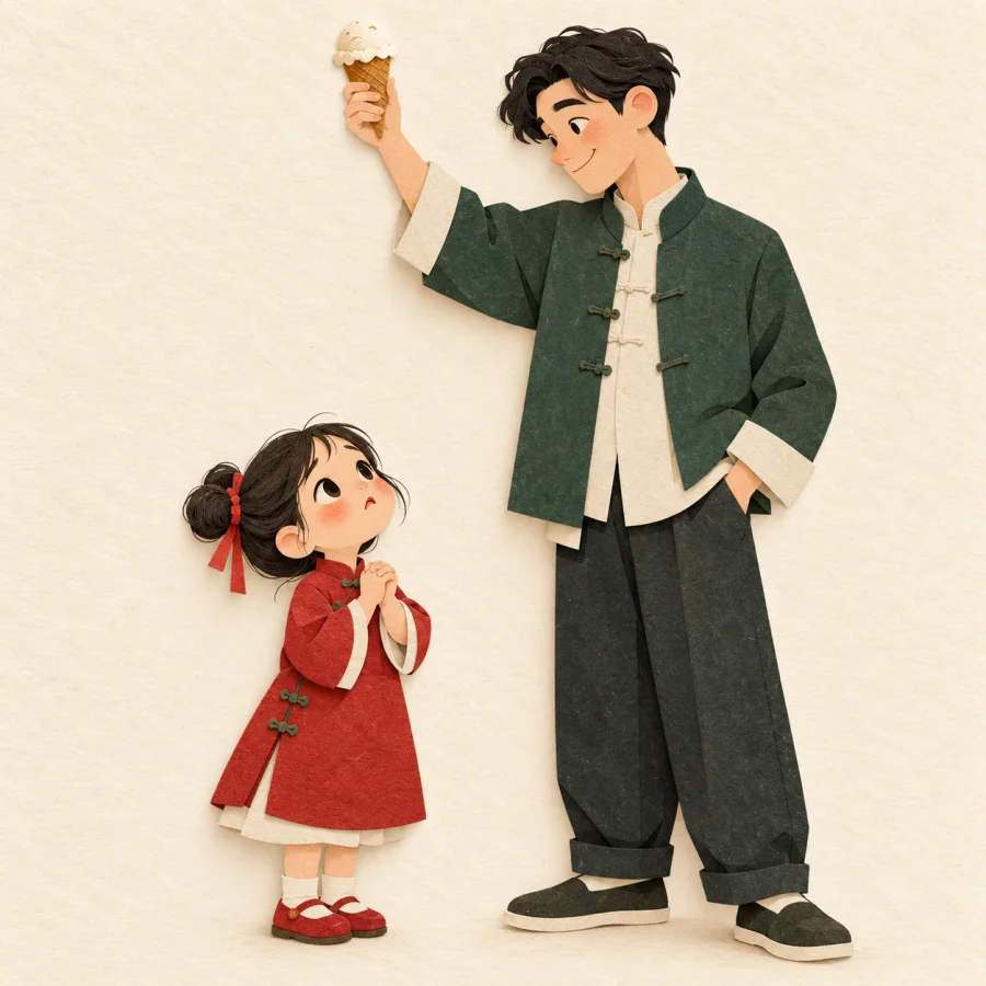 A child with clasped hands begs an adult holding ice cream