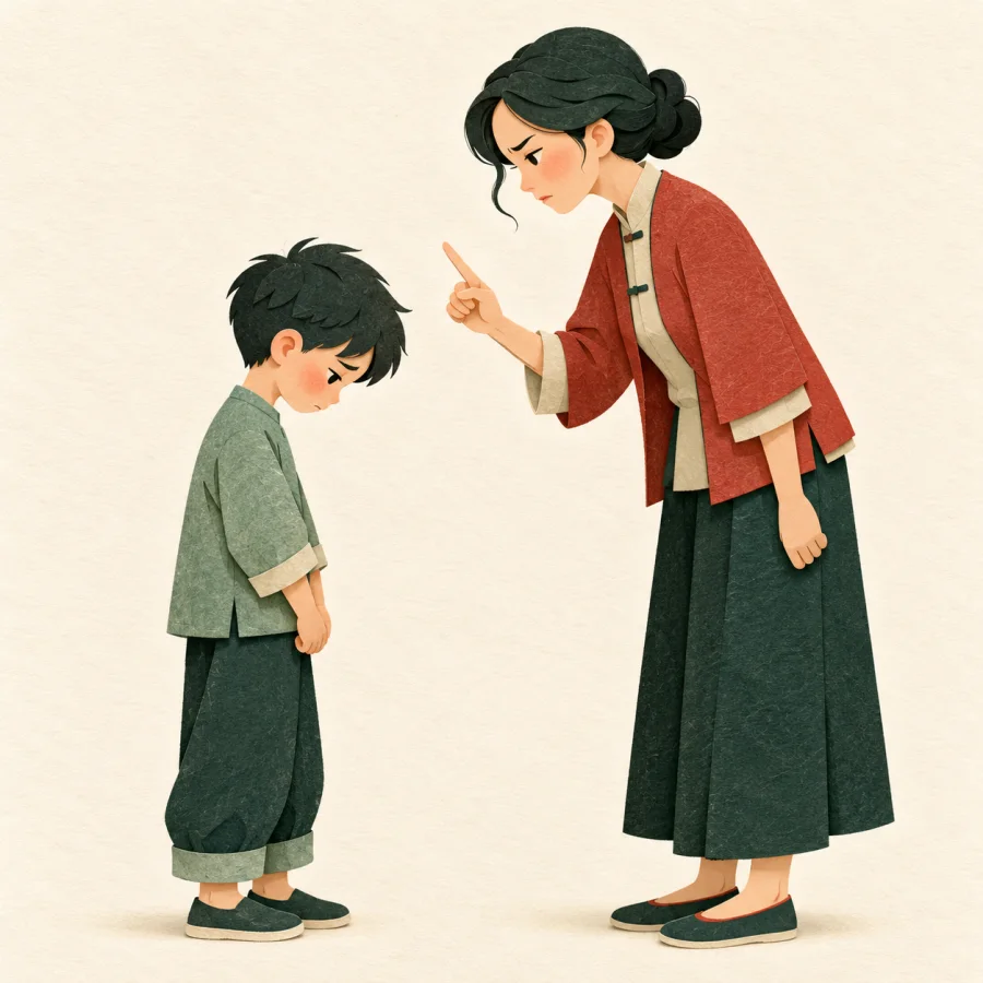 A child bows their head before a stern adult