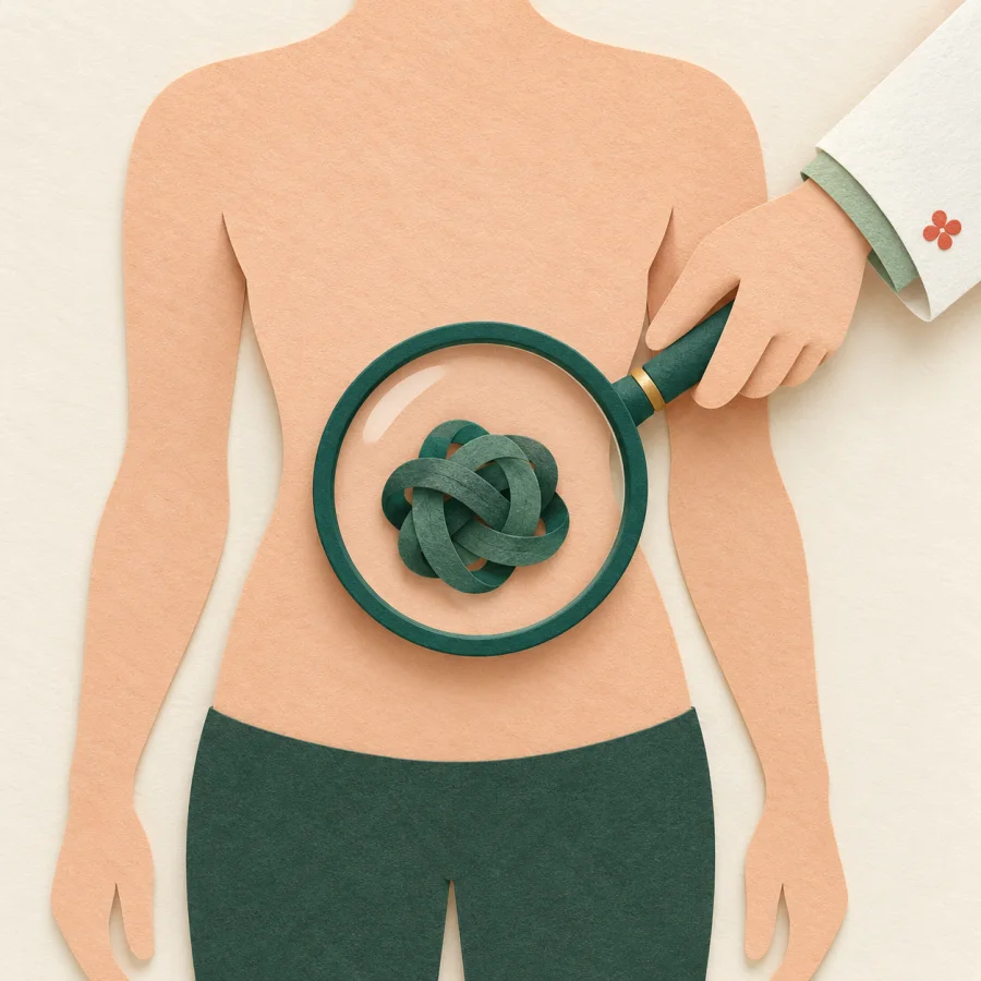A doctor examines a small lump on a body silhouette