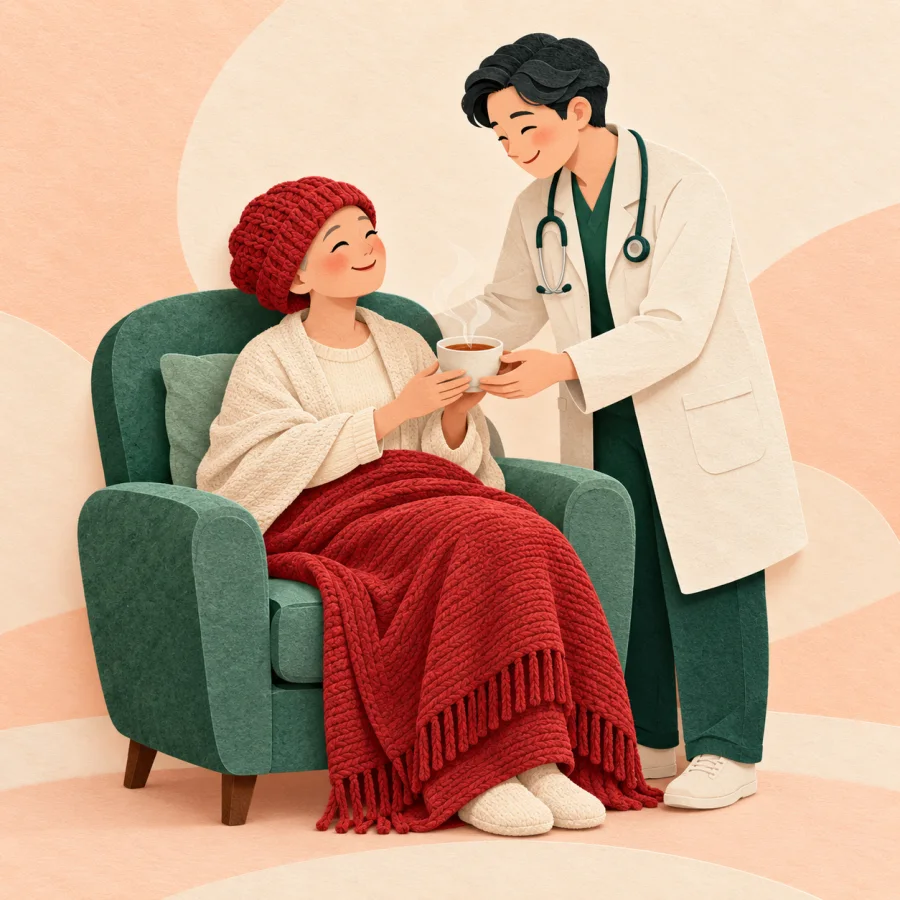 A patient in a red cap sits with a doctor and tea