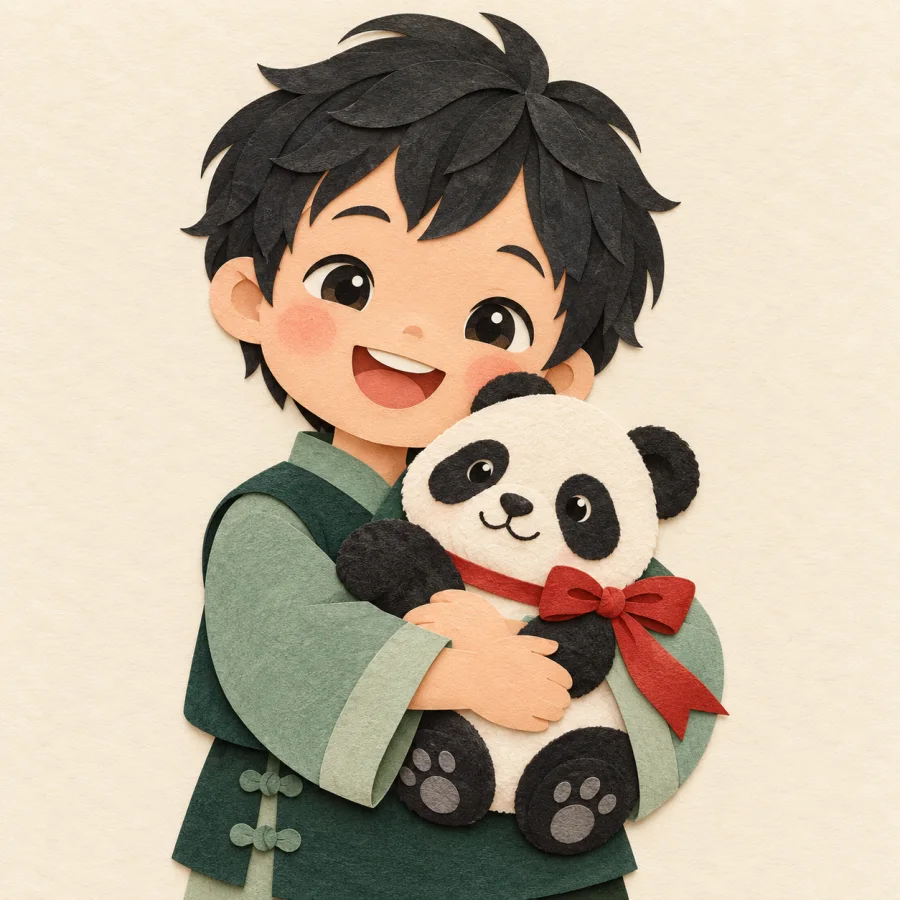 A child hugs a toy panda tightly to their chest