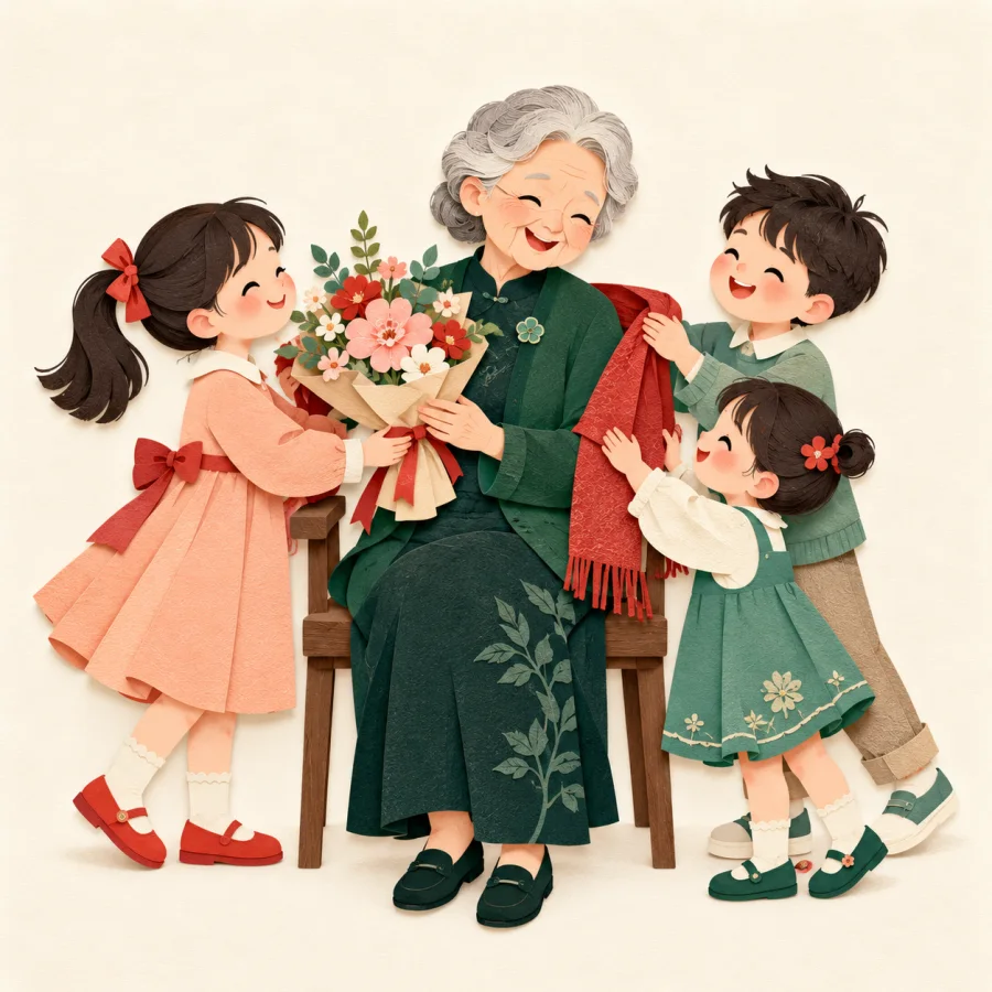 Children give flowers to a smiling elderly teacher