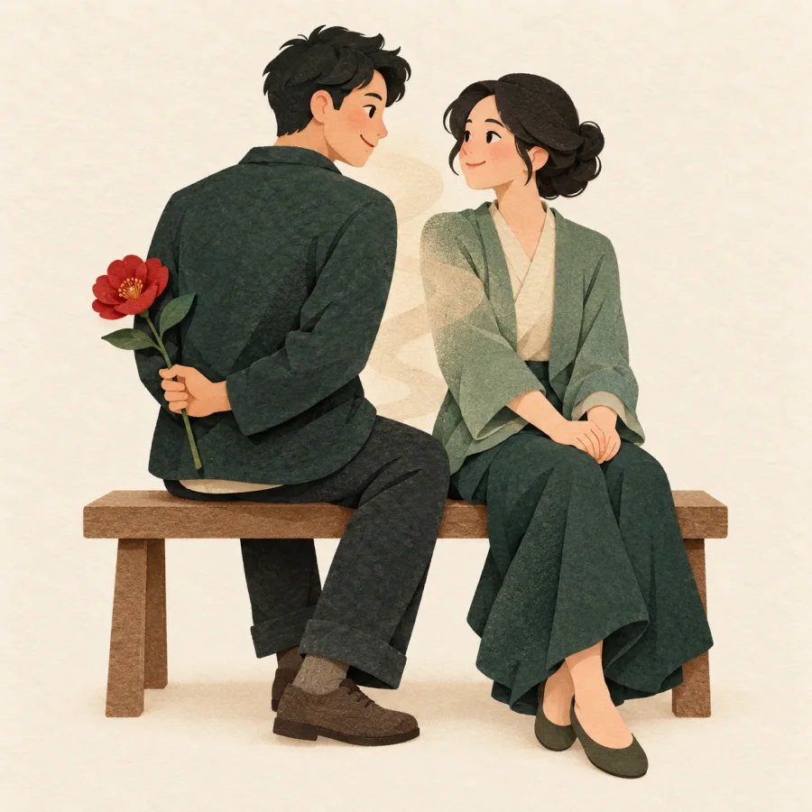 Two people sit close on a bench, one hiding a flower