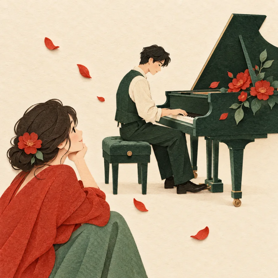 A dreamy person gazes from afar at a pianist