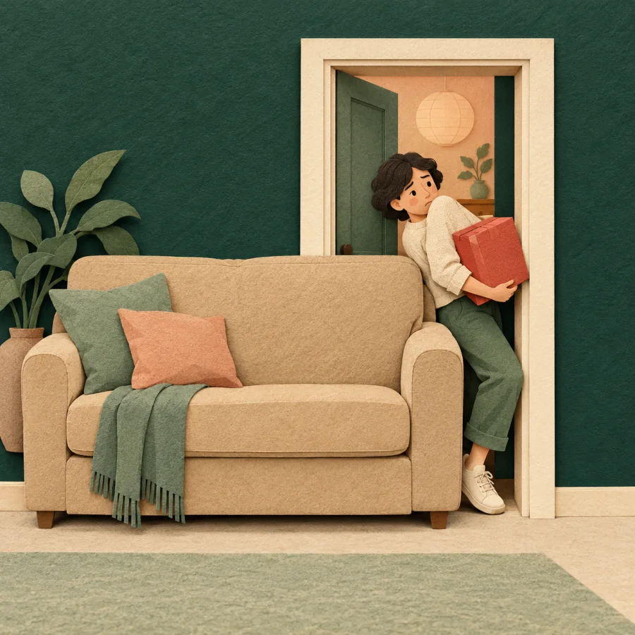 A sofa blocks a doorway and a person with a box cannot pass
