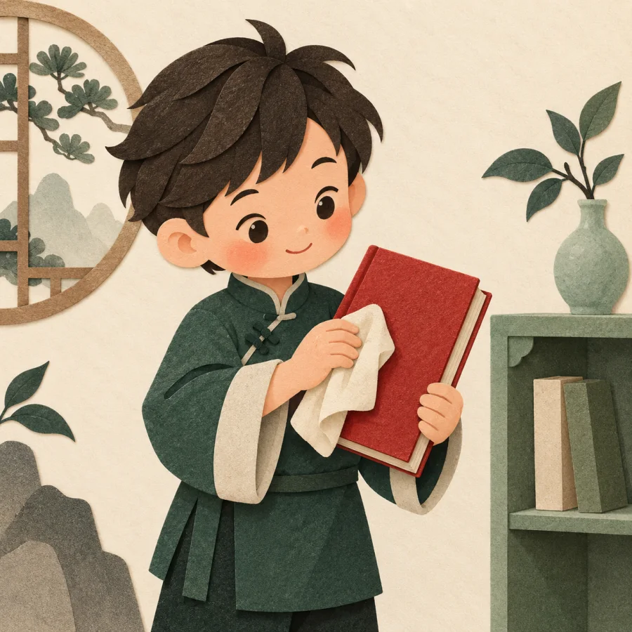 A child gently wipes a book before shelving it