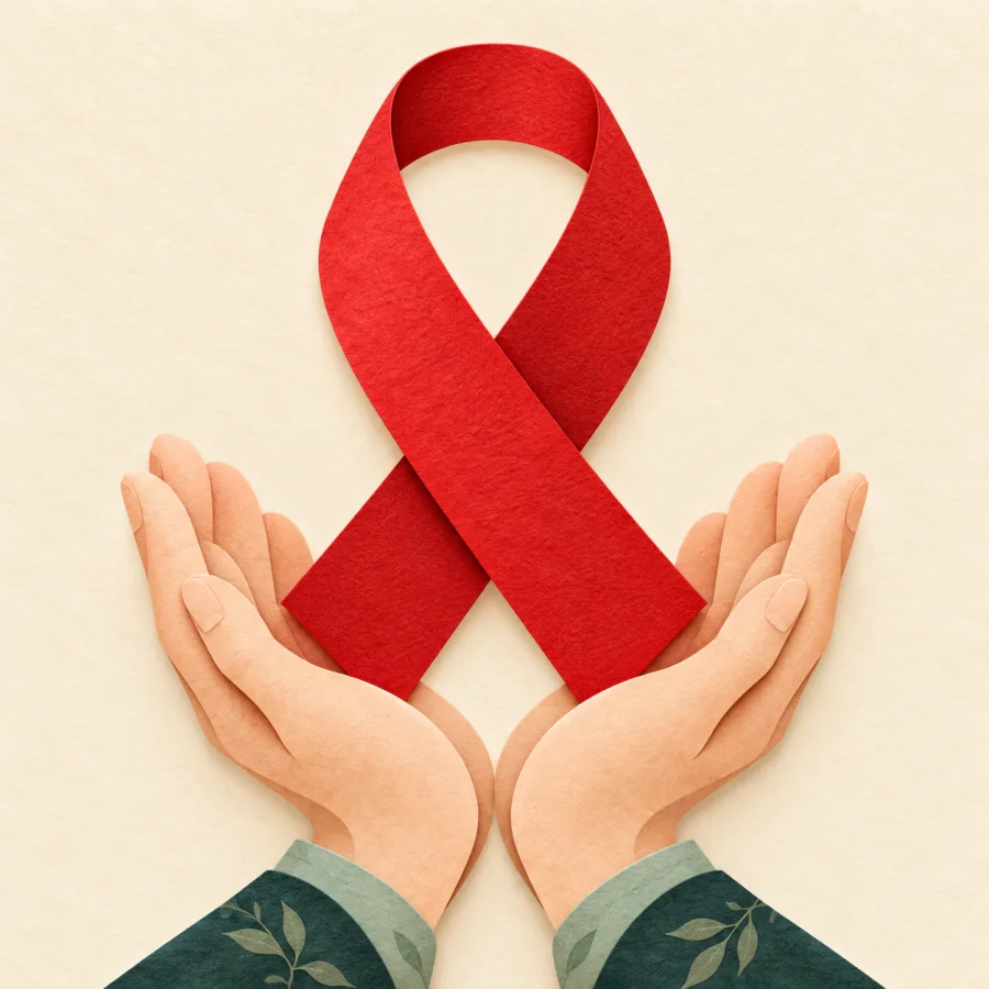 A red ribbon held in cupped hands