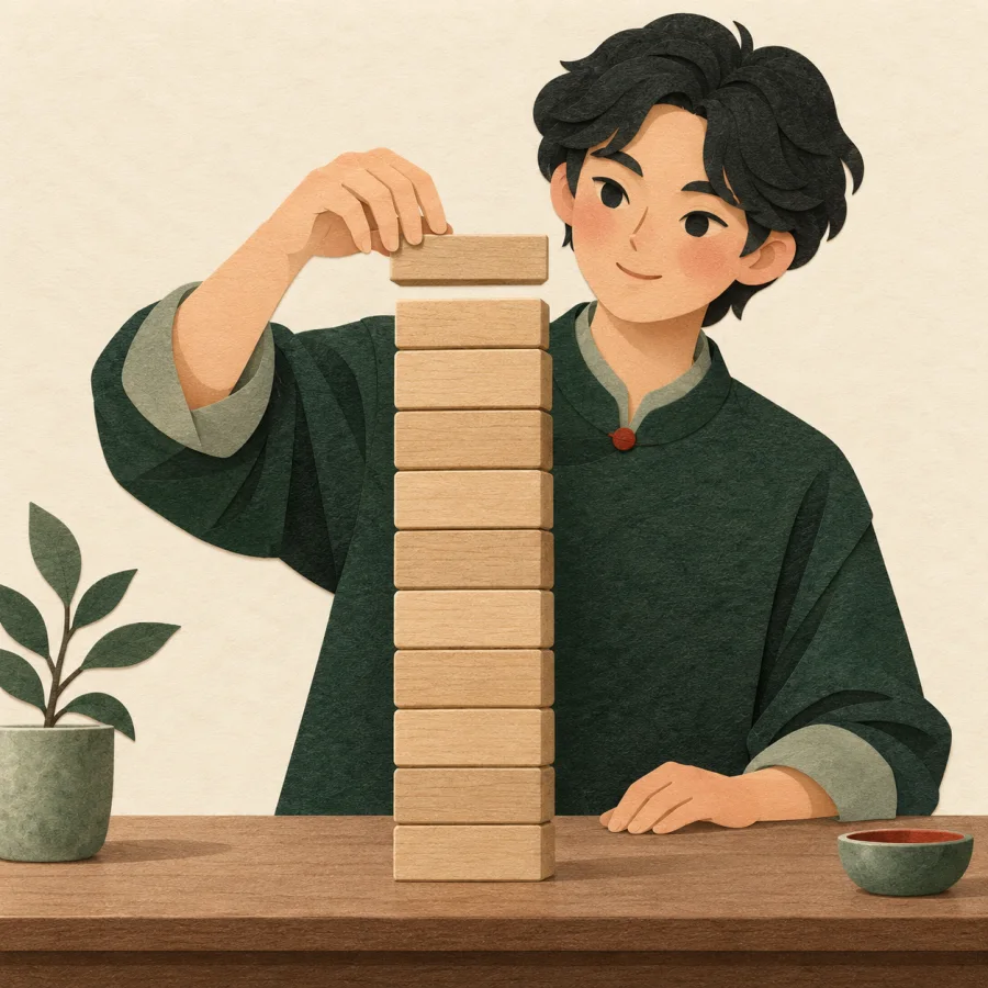 A person places the last block on a steady tower
