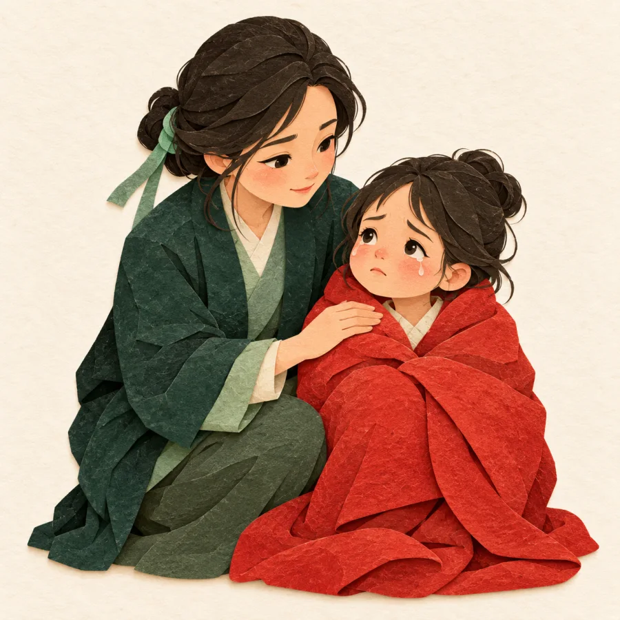 A person comforts a crying child in a red blanket