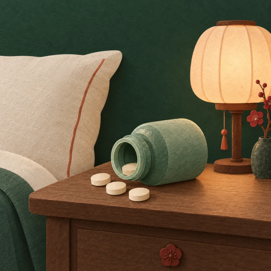 A pill bottle next to a pillow and a bedside lamp
