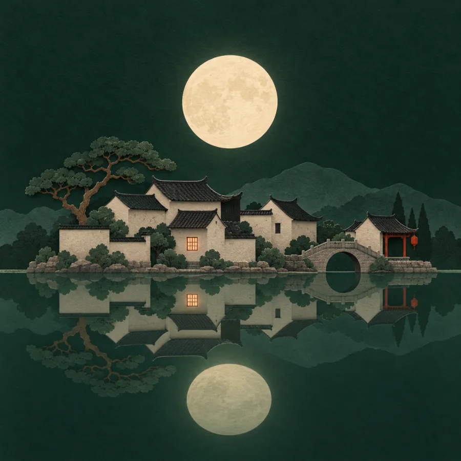 A quiet village at night under the moon by still water