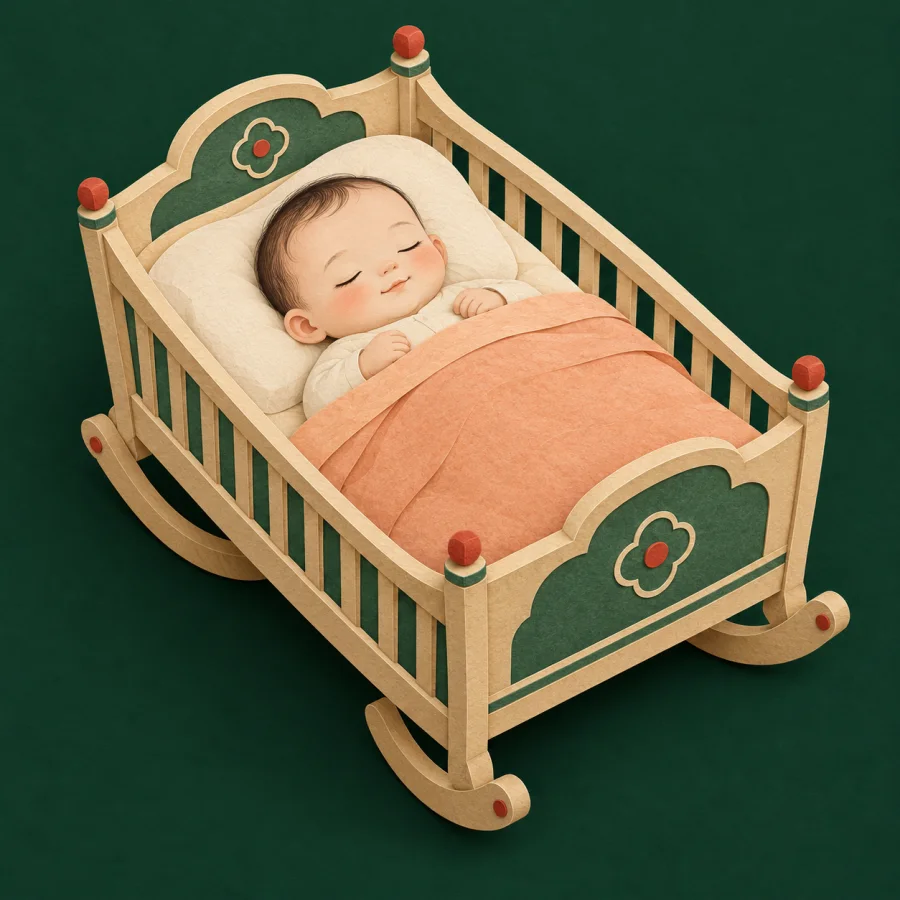 A baby sleeps soundly in a cradle under a blanket