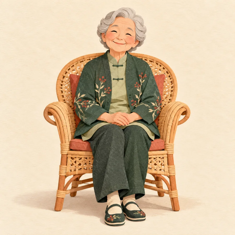 An elderly person with closed eyes and a gentle smile in a chair