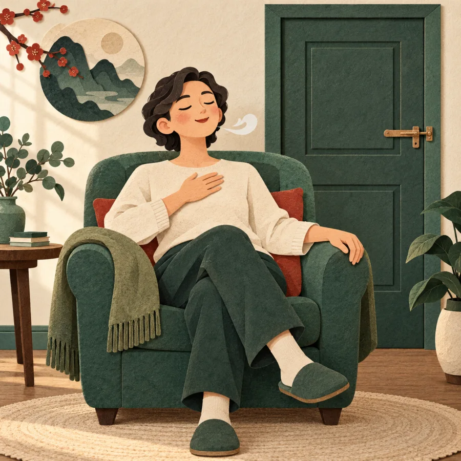 A person leans back in an armchair and exhales in relief