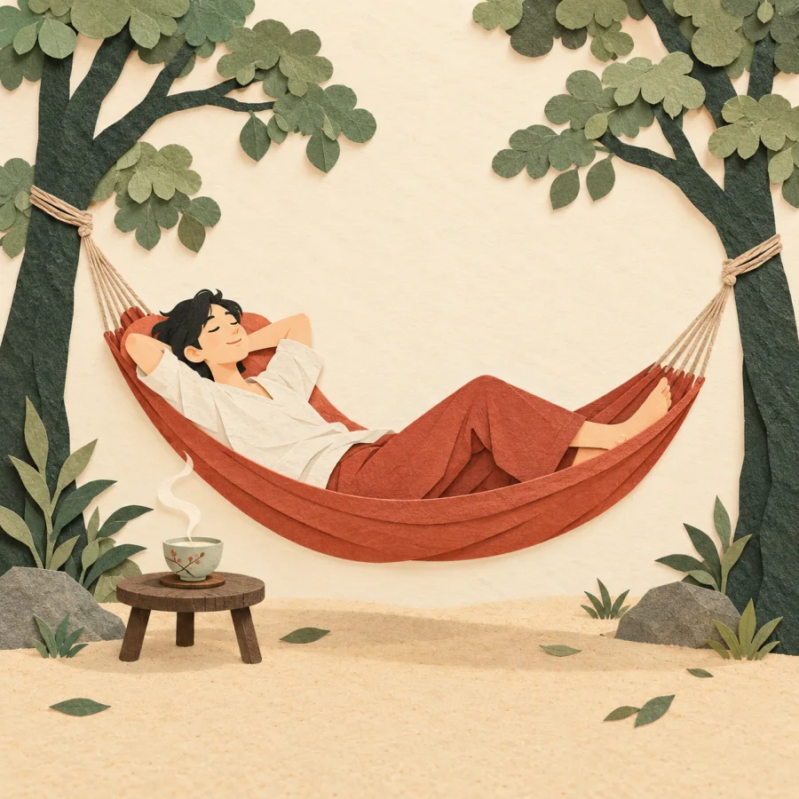 A person lies in a hammock with a cup of tea nearby
