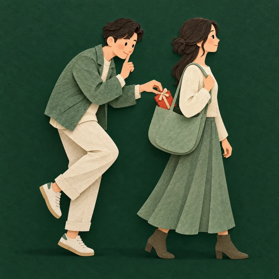 A person tiptoes to slip a gift into a friend's bag