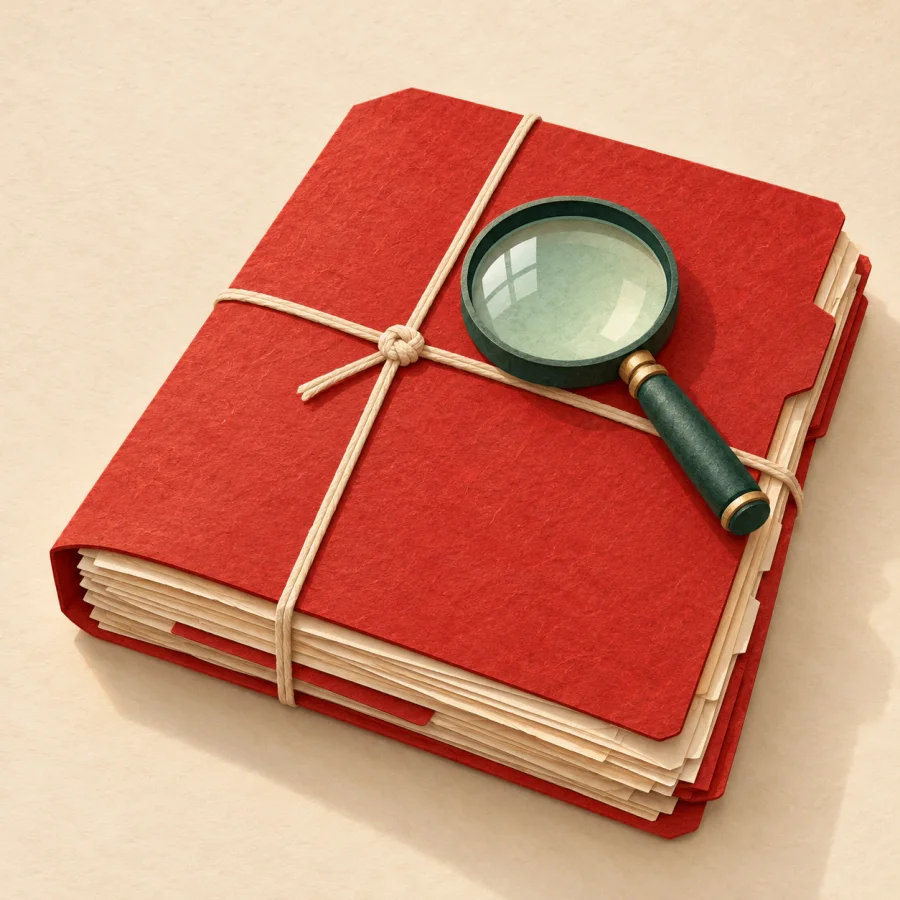 A thick red folder with a magnifying glass on a desk
