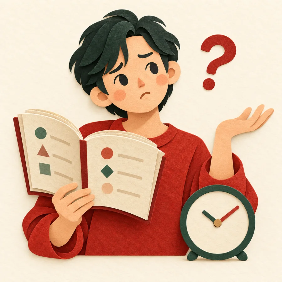 A person with a rulebook shrugs puzzled beside a clock