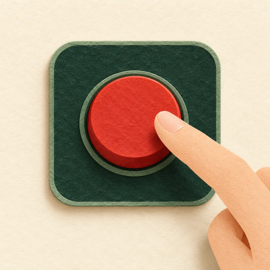 A finger reaches for a big red button on a panel
