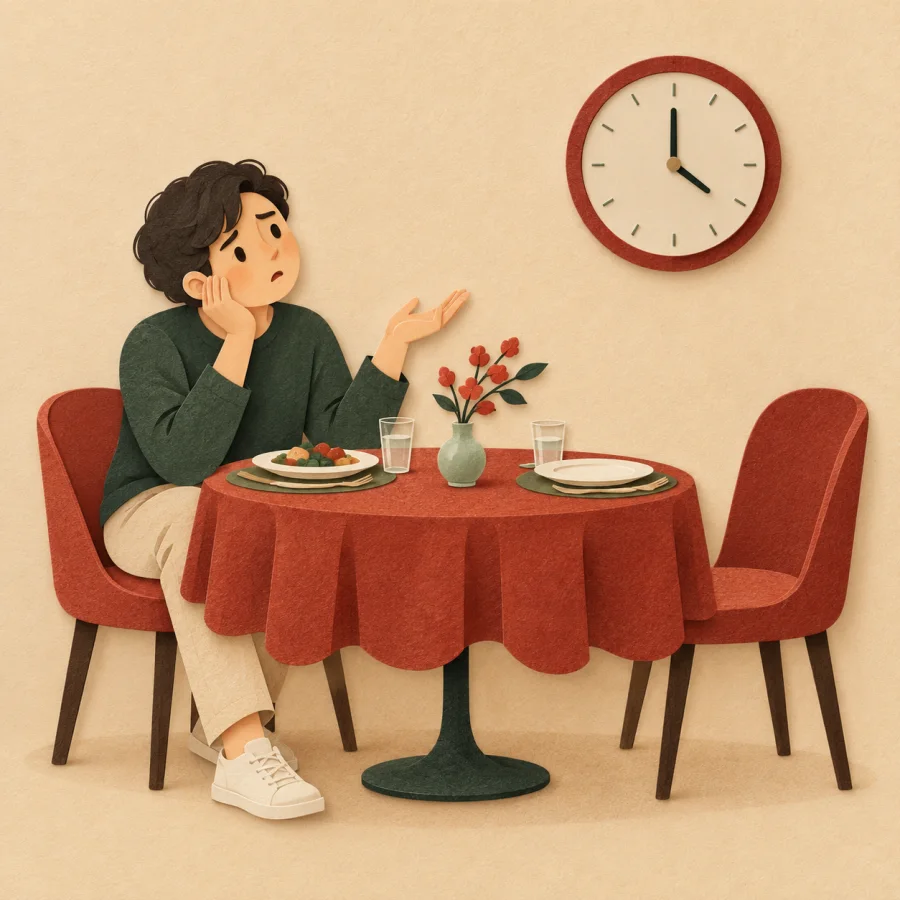 A puzzled person looks at an empty chair at a set table
