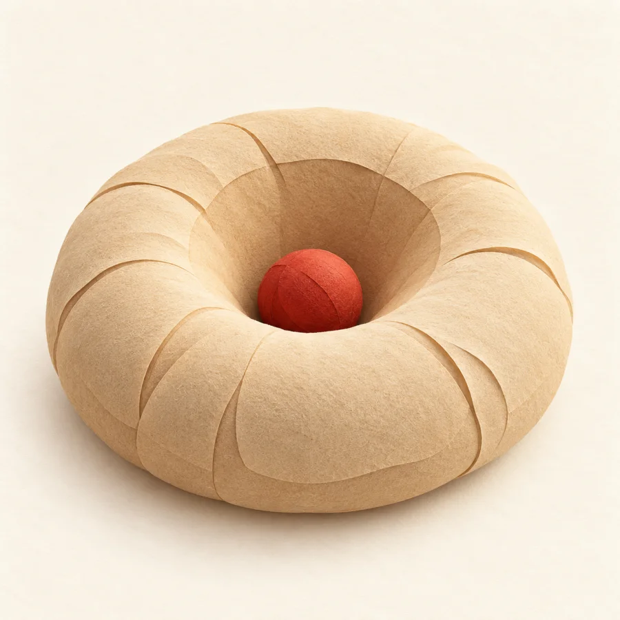 A sand-coloured cushion with a deep dent and a red ball