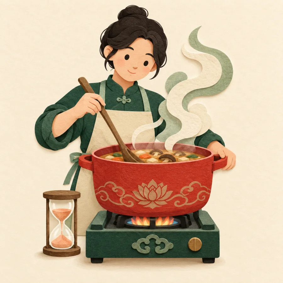 A person stirs a big steaming pot over a low flame