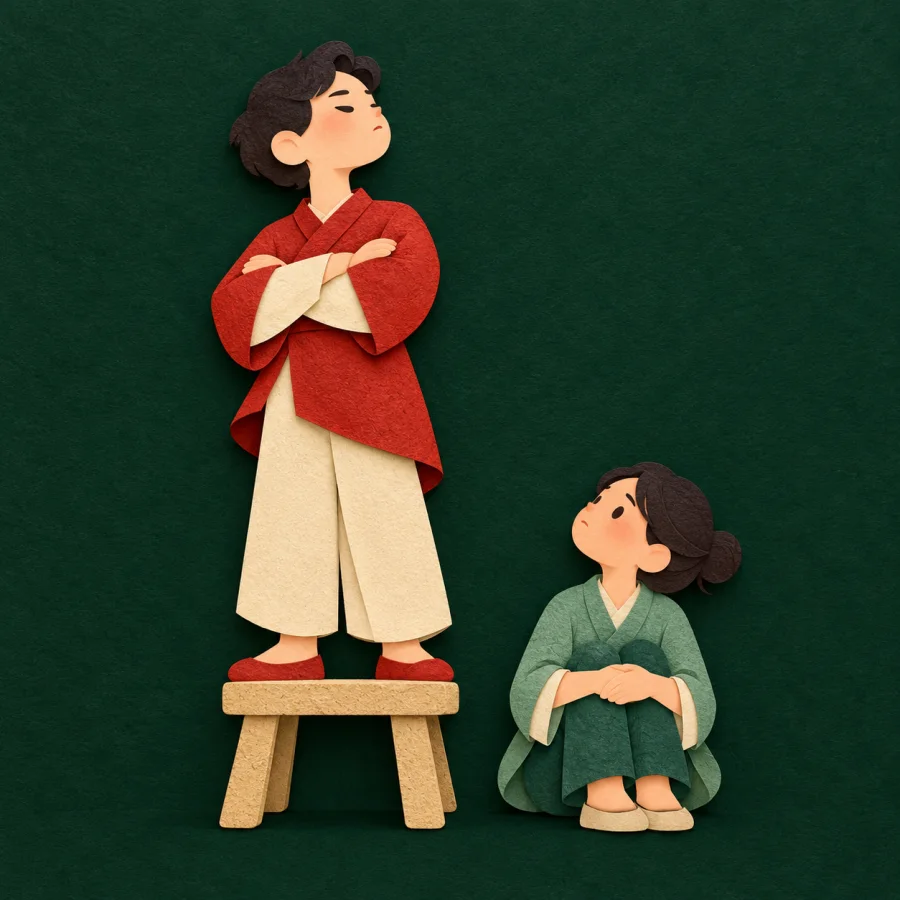 A person with a raised chin stands on a stool above a small figure
